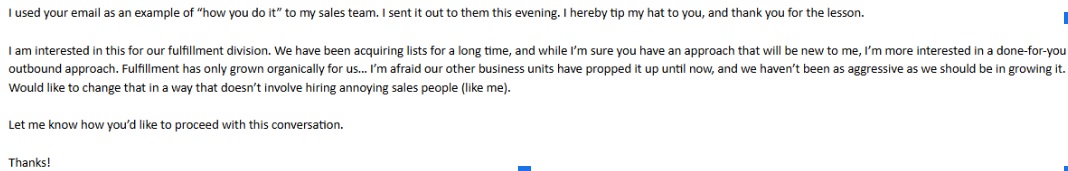 Positive email reply expressing interest in done-for-you outbound.